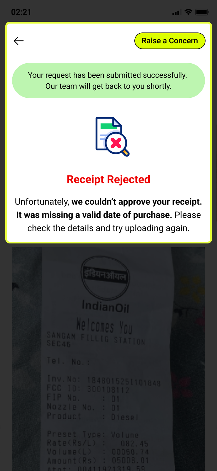 If your receipt is rejected alt